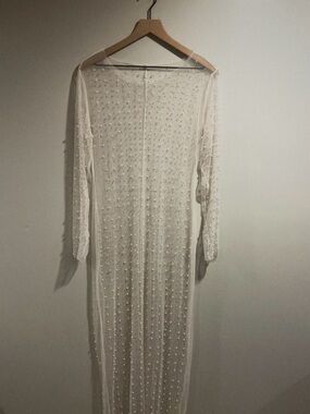 Sheer Ivory Beaded Long Sleeve Dress